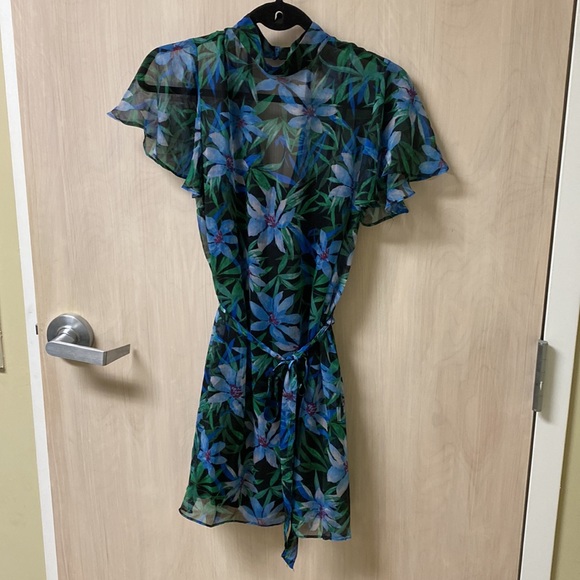 Blue & Green Floral Print Semi-Sheer Dress Forever 21 Size Small - Picture 6 of 11